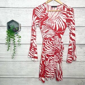 Starlette Red & White Zebra Print Faux Wrap Dress with Bell Sleeves Size Small